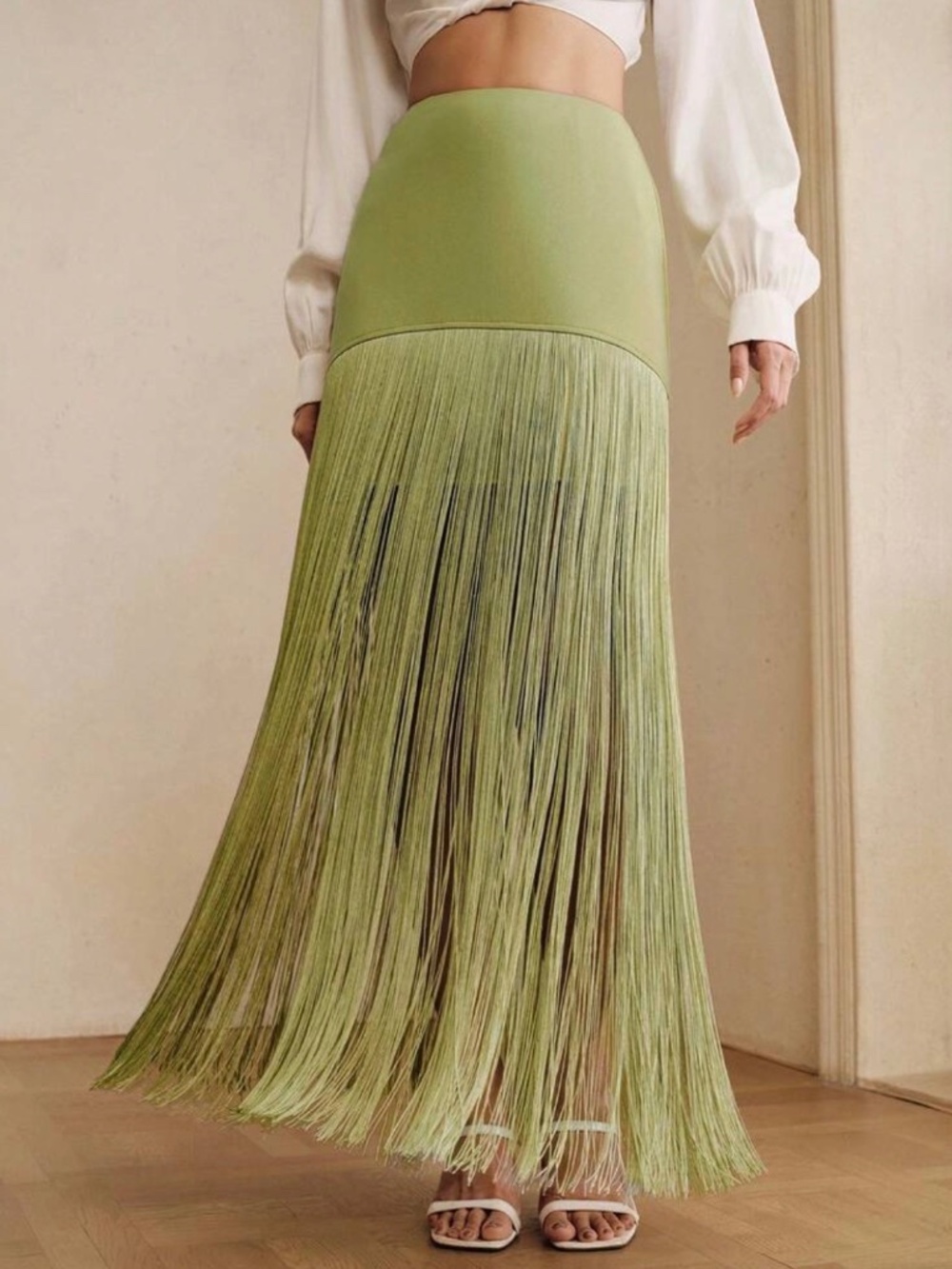 Anewsta Summer Elegant Fringe Flowing Tassel Straight Skirt